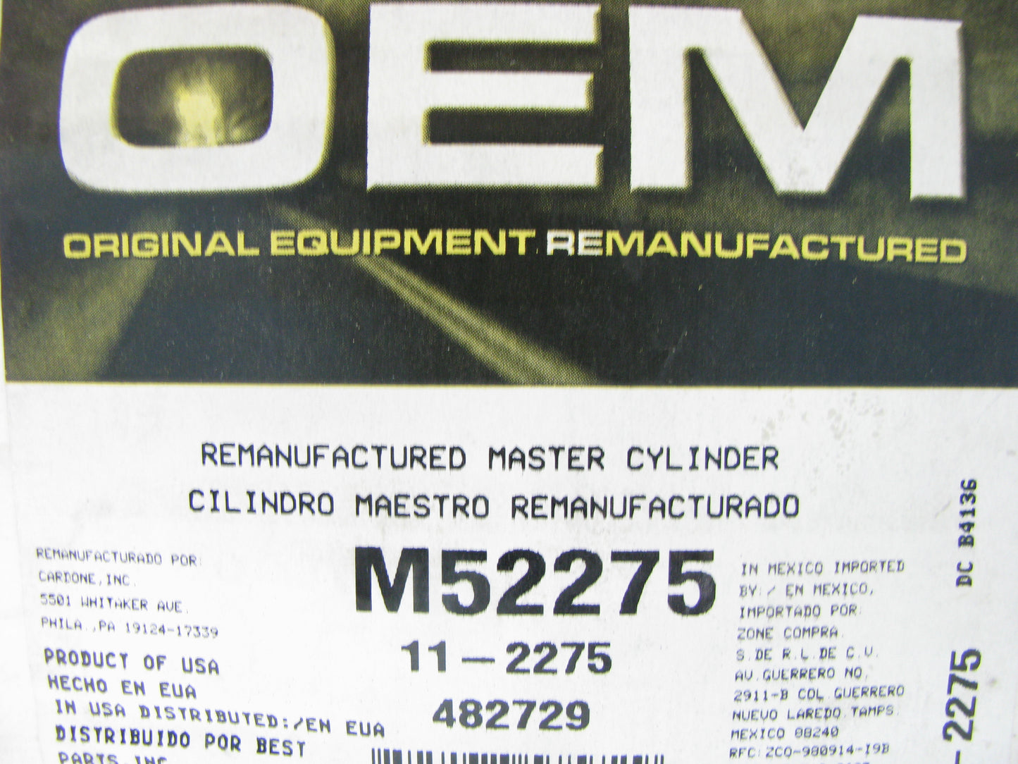 Oem Remanufacturing M52275 Reman Brake Master Cylinder W/O Reservoir