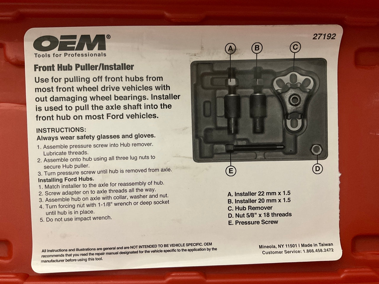 OEM TOOLS 27192 Front Hub Puller / Installer Tool Set Front Wheel Drive Axle FWD