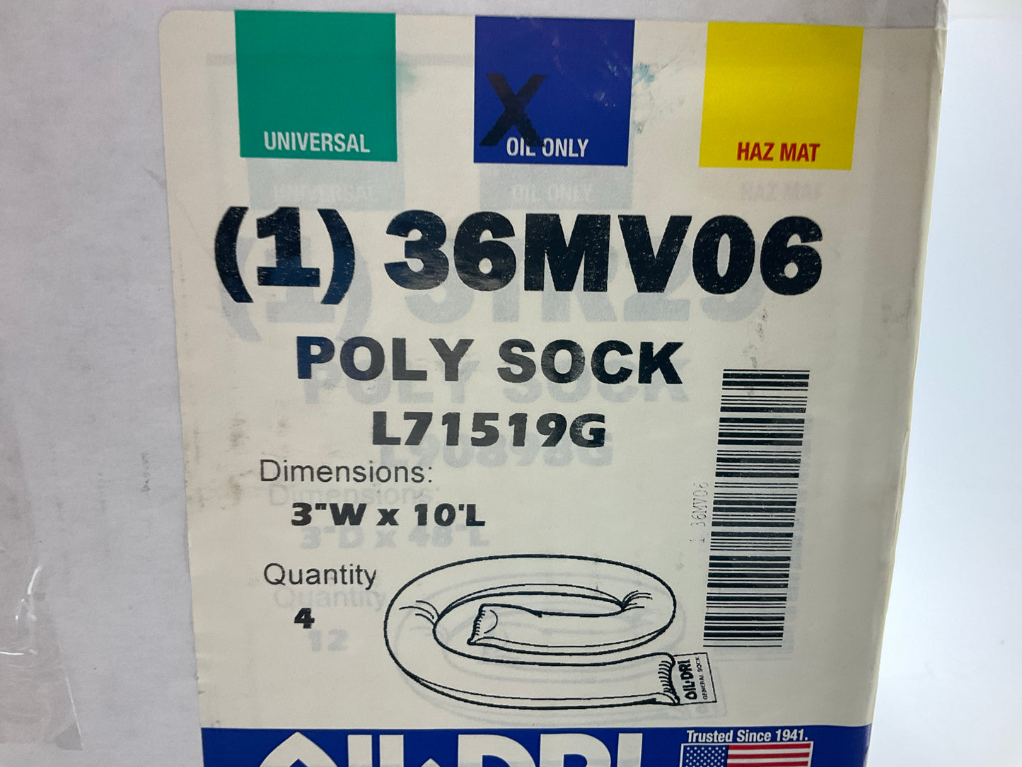 4 / PACK OIL-DRI 36MV06 L71519G Absorbent Sock White 3'' Diameter X 10 Feet Long