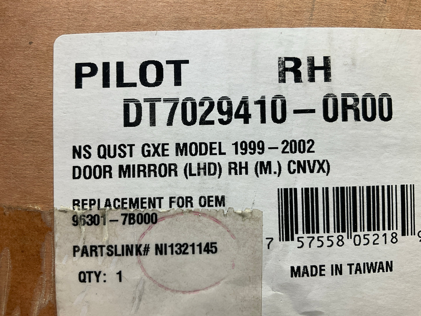 Pilot DT7029410-0R00 Manual Adjust Right Passengers Mirror For 1999-2000 Quest