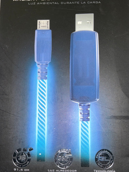 Pilot EL-1400B Electroluminescent Visual Light Charge/Sync Micro USB Cable; Blue