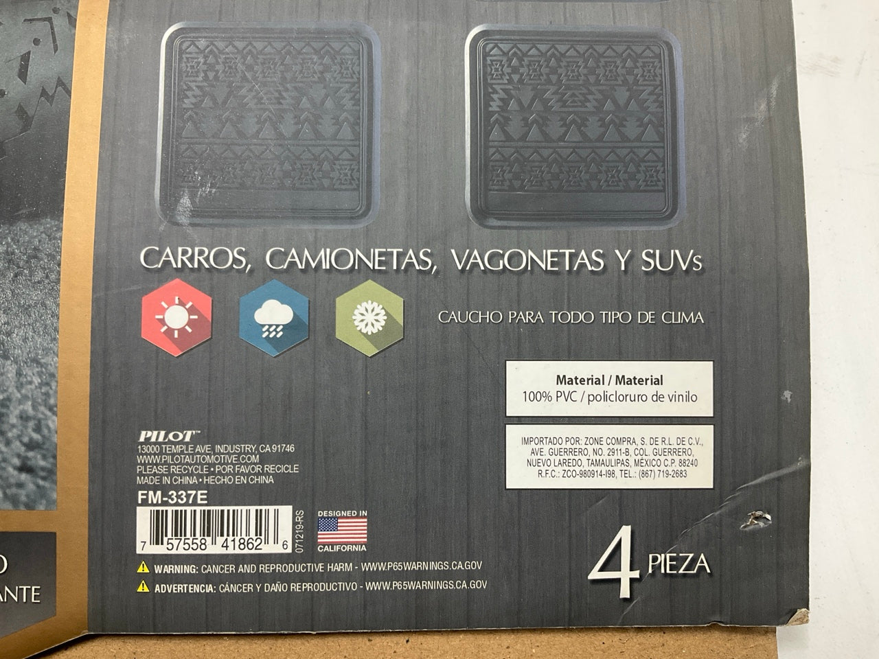 Pilot FM-337E - 4pc Aztec Rubber Floor Mat, BLACK