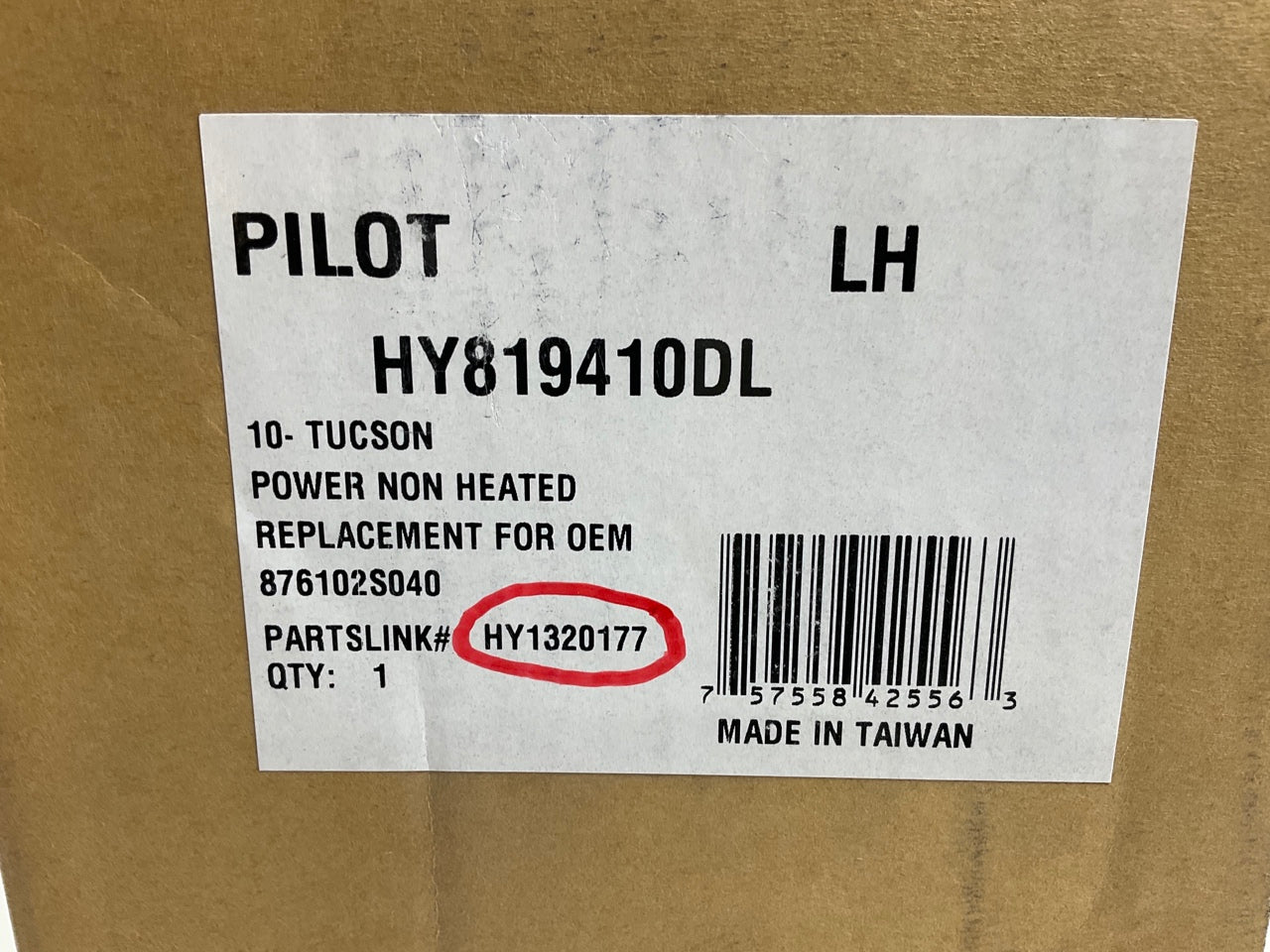 Pilot HY819410DL Left Drivers Side Mirror, Power, Non-Heated For 10-11 Tucson