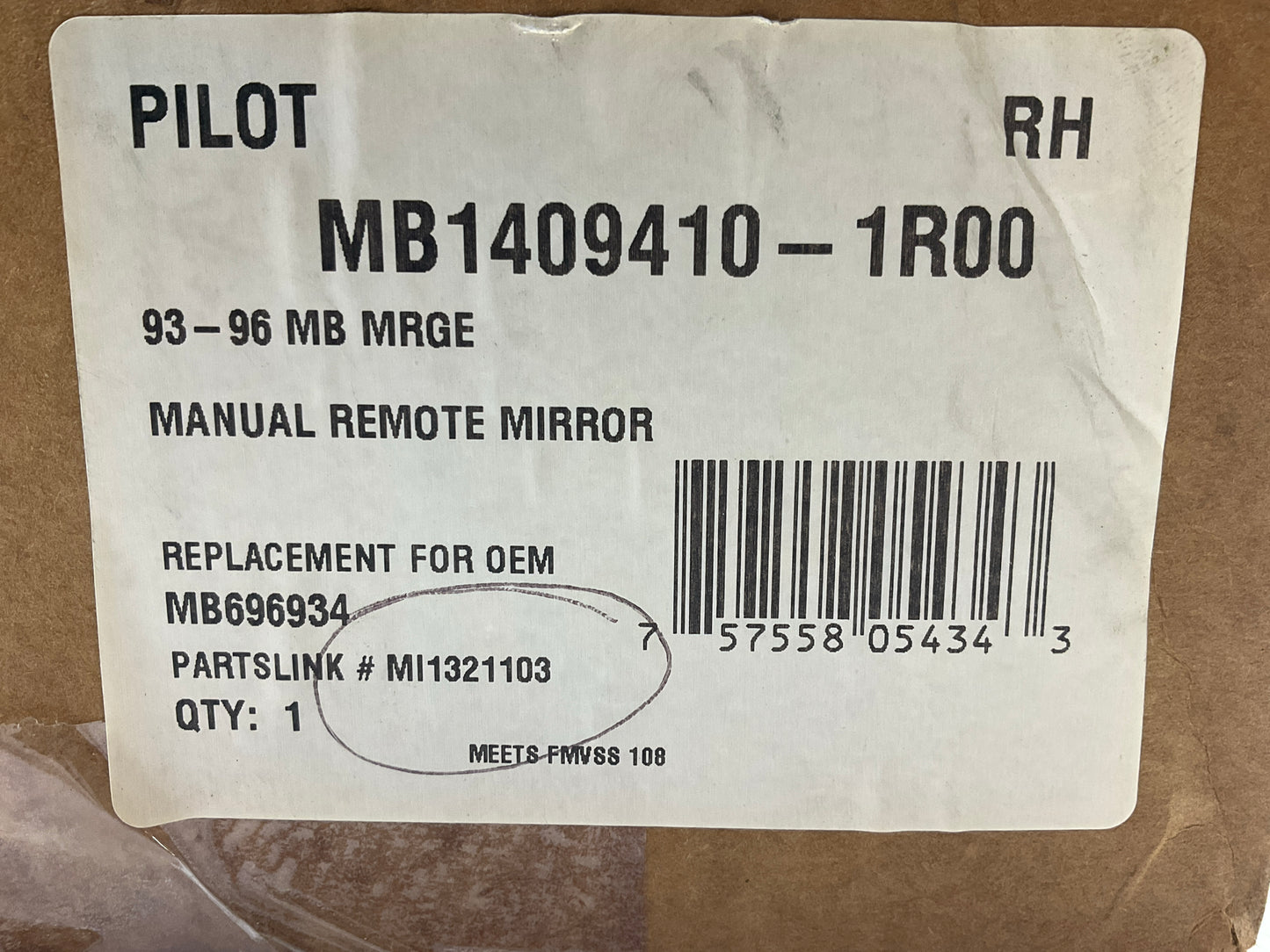 Pilot MB1409410-1R00 Right Manual Mirror For 1987-1996 Mitsubishi Mirage