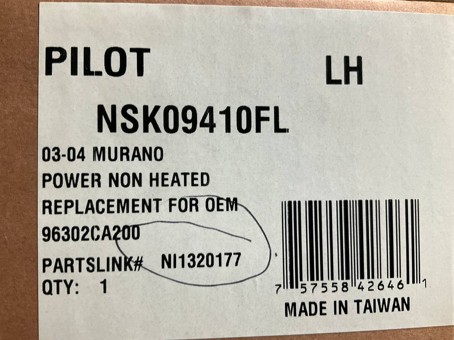 Pilot NSK09410AL Left NON-HEATED Power Mirror For 2003-2004 Nissan Murano