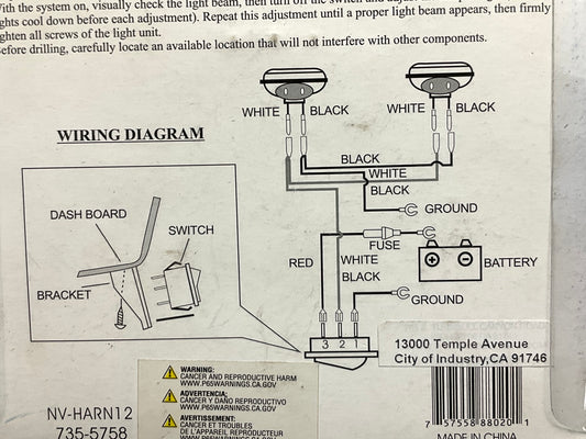 Pilot NV-HARN12 Auxiliary Light Wiring Harness Kit With Rocker Switch