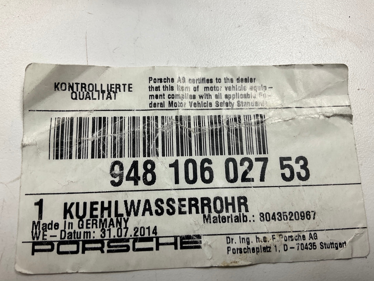 NEW 11-18 OEM Porsche Cayenne Turbo 958 4.8L Motor Engine Coolant Pipe Hose Tube