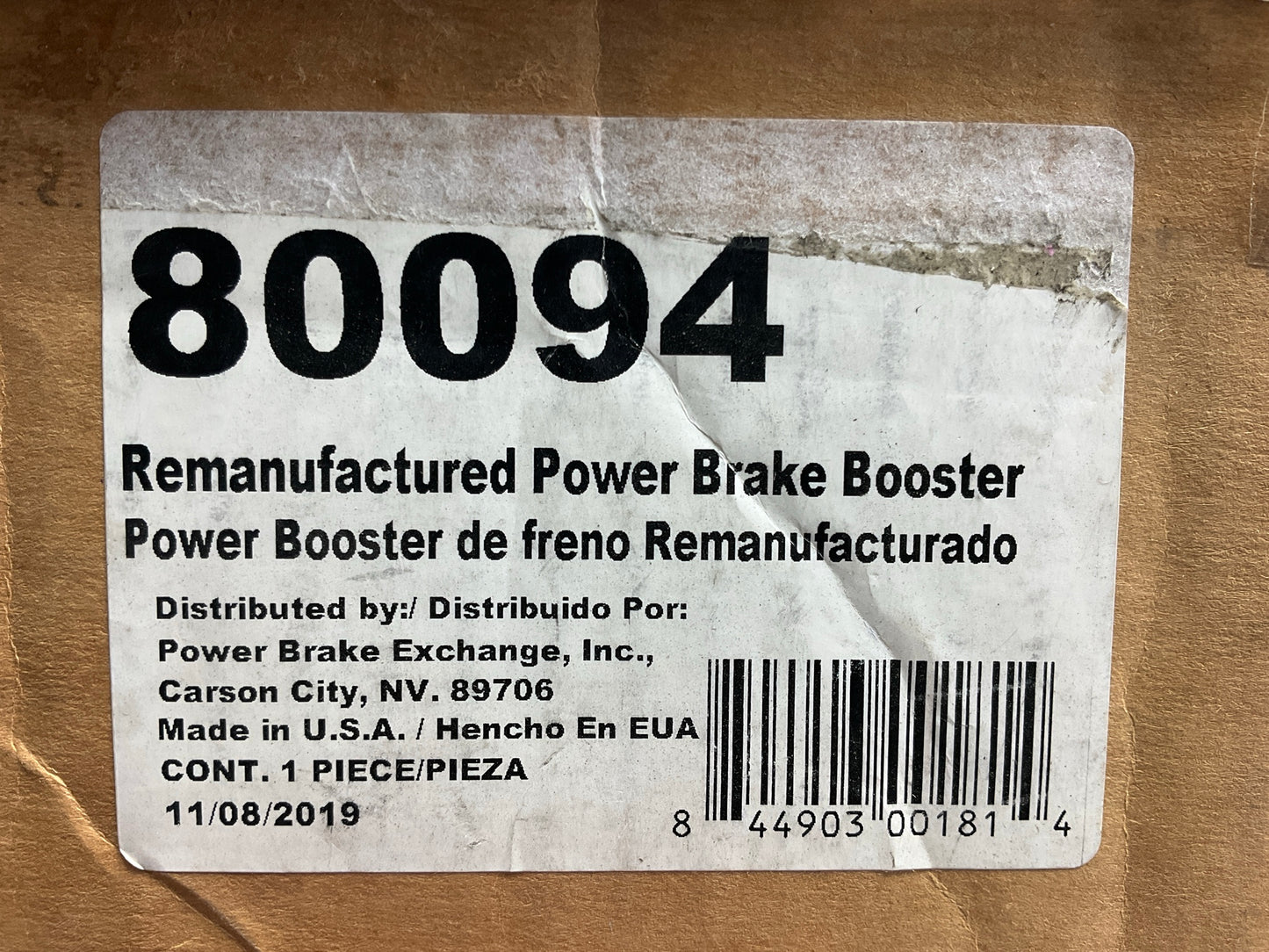 REMAN. Power Brake Exchange 80094 Brake Booster