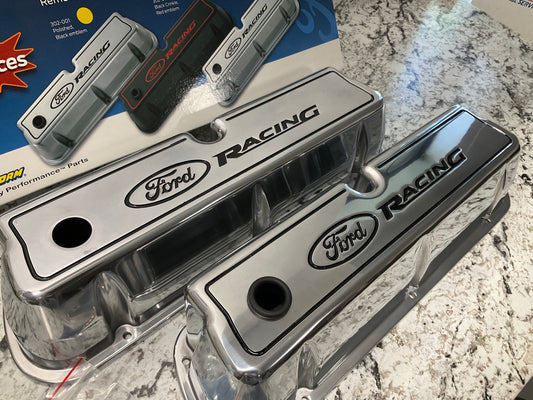 Proform 302-001 Aluminum Valve Covers Tall Polished With Black Ford Racing Logo