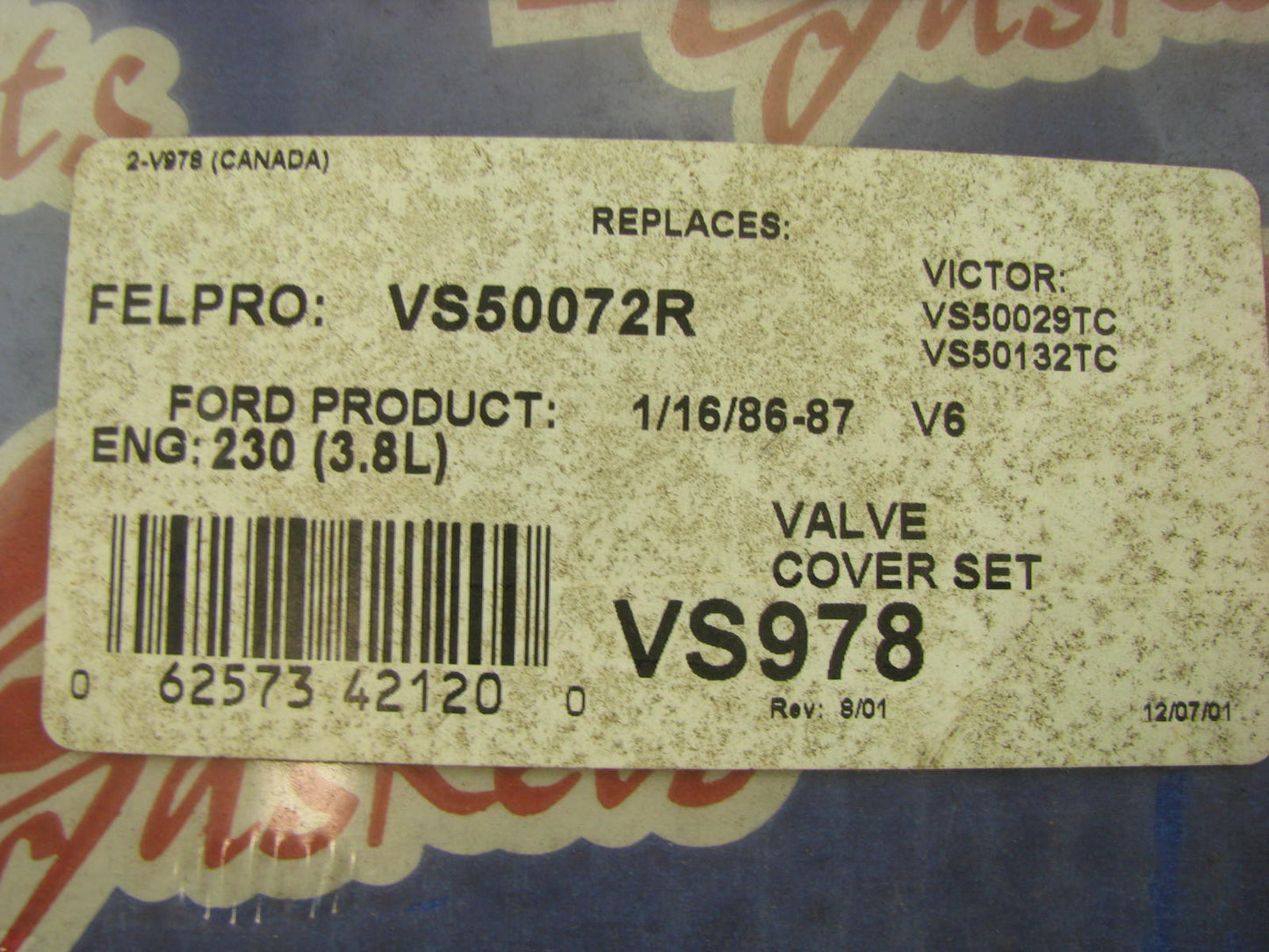 Rol Gasket VS978 Valve Cover Gasket Set for 1986-1987 Ford Mercury 3.8L-V6