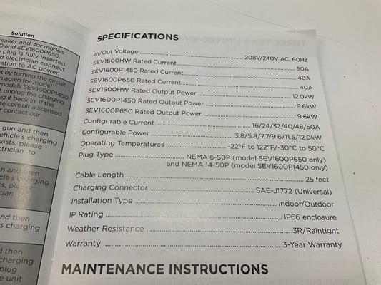 Schumacher SEV1600HW - Level 2 EV Charger 50 Amp 240V - Hardwired Electric