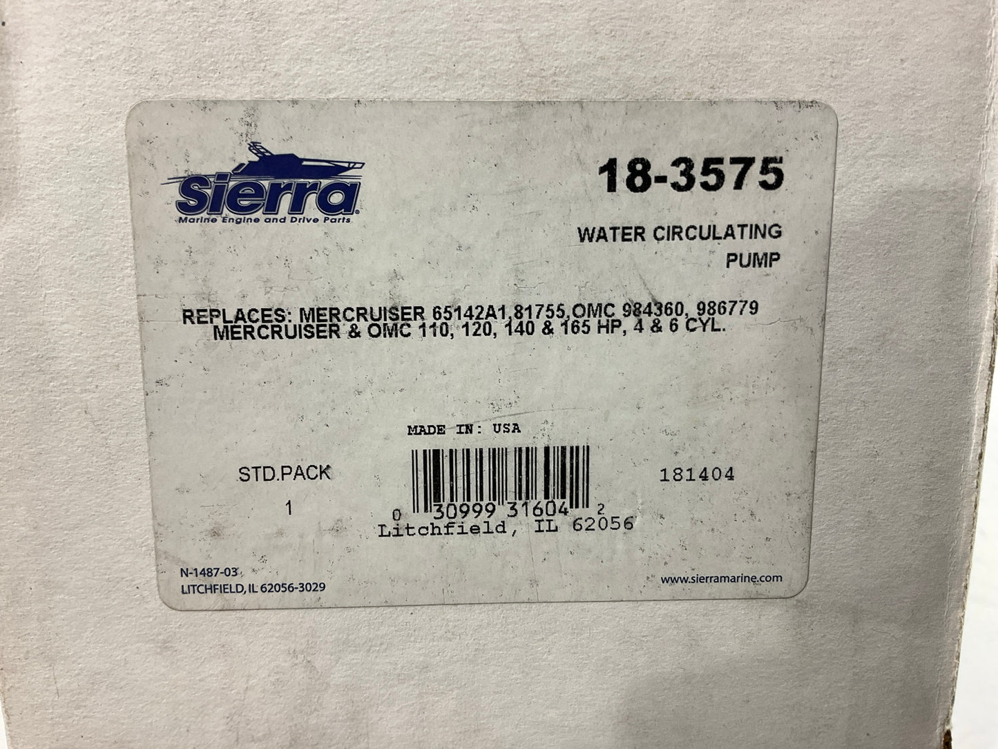 Sierra 18-3575 Water Circulating Pump 65142A1, 3854017, 3858340