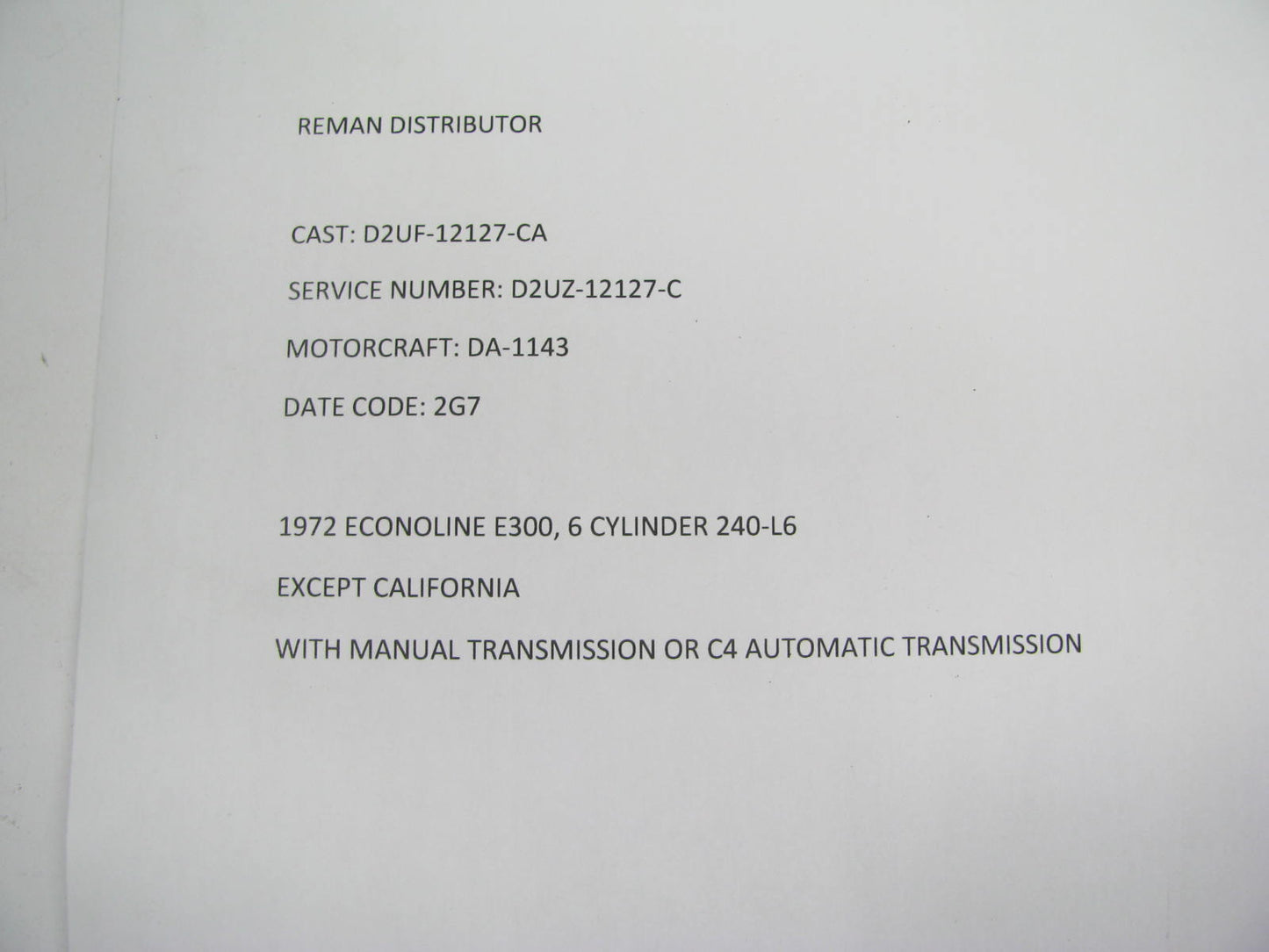 REMAN UNBOX D2UF-12127-CA Distributor & Cap 1972 Ford Econoline E300 240-L6 FED