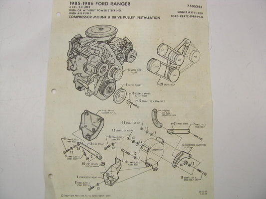 NEW 1985-1986 Ford Ranger 2.0L A/C Compressor Mount Bracket & Pulley Drive Kit