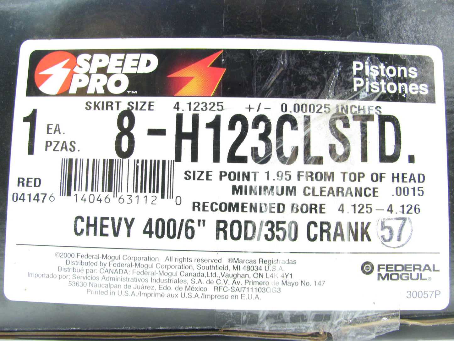 (8) Speed Pro H123CL STANDARD Pistons CHEVY 400, 6'' ROD / 350 CRANK