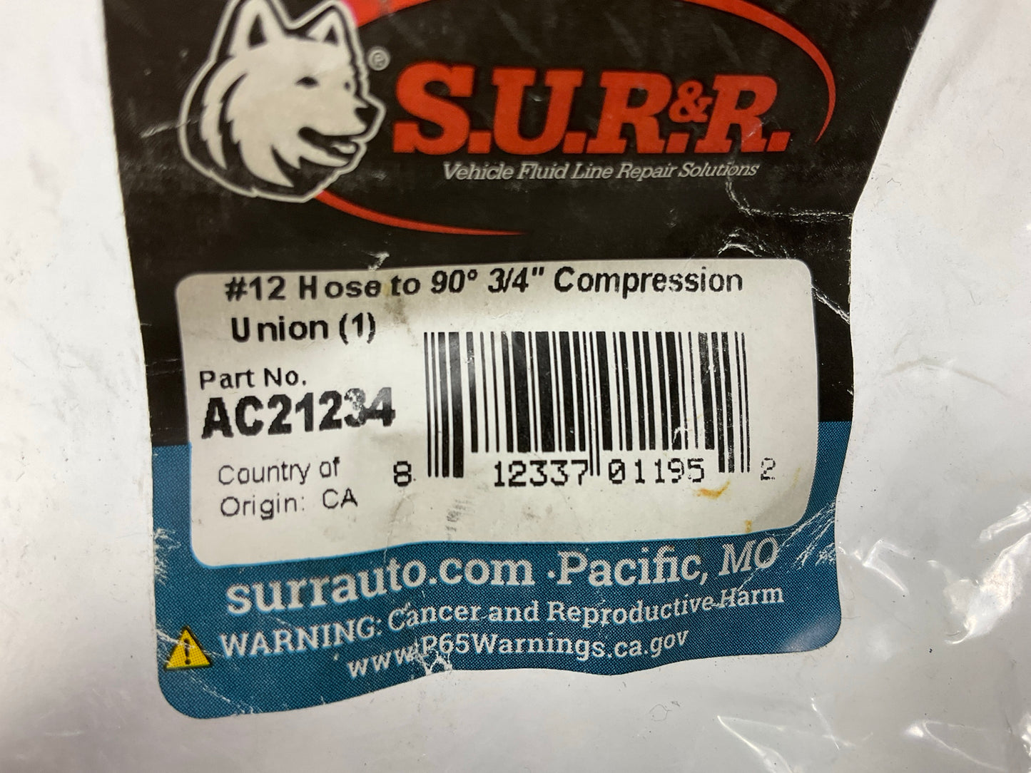 Sur-r AC21234 #12 A/C Hose 90 Degree 3/4'' Compression Union Fitting Adapter