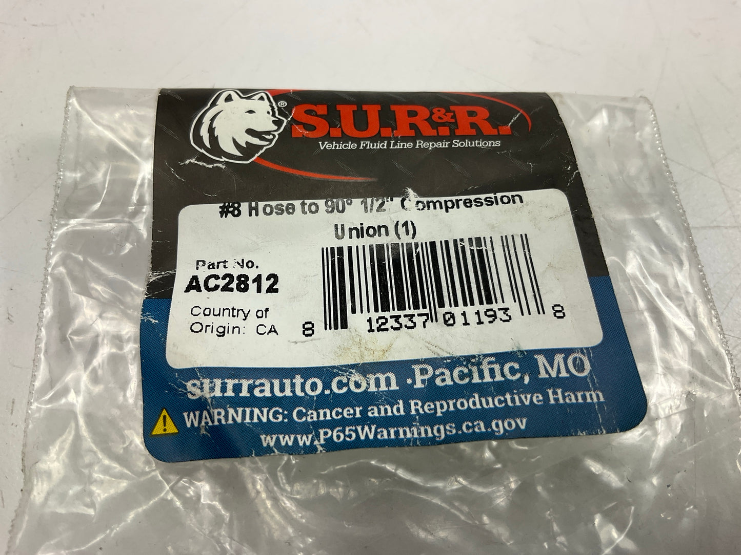 SUR-R AC2812 A/C No. 8 Hose To 90 Degree 1/2 Compression Union Fitting