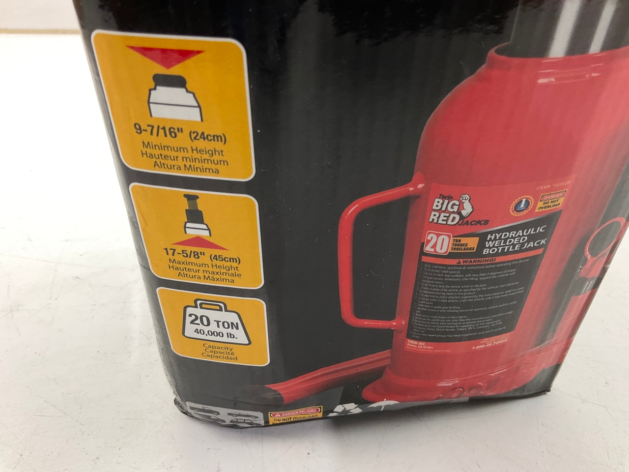 Torin T92003B Bottle Jack, 9-7/16'' To 17-5/8'' Range, 20 TON (40,000 Lb) Capacity