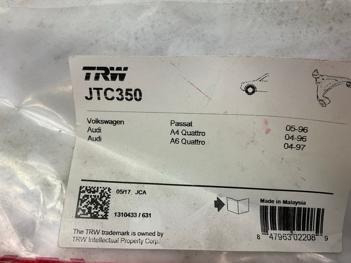 TRW JTC350 Suspension Control Arm And Ball Joint, Front Right Lower Rearward