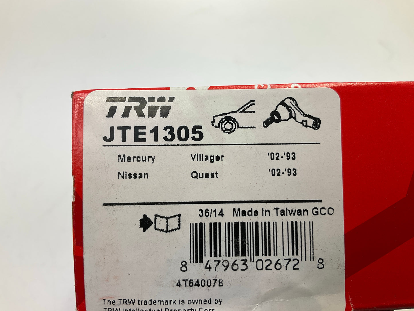 (2) TRW JTE1305 Front Outer Steering Tie Rod End For 93-02 Quest, Villager