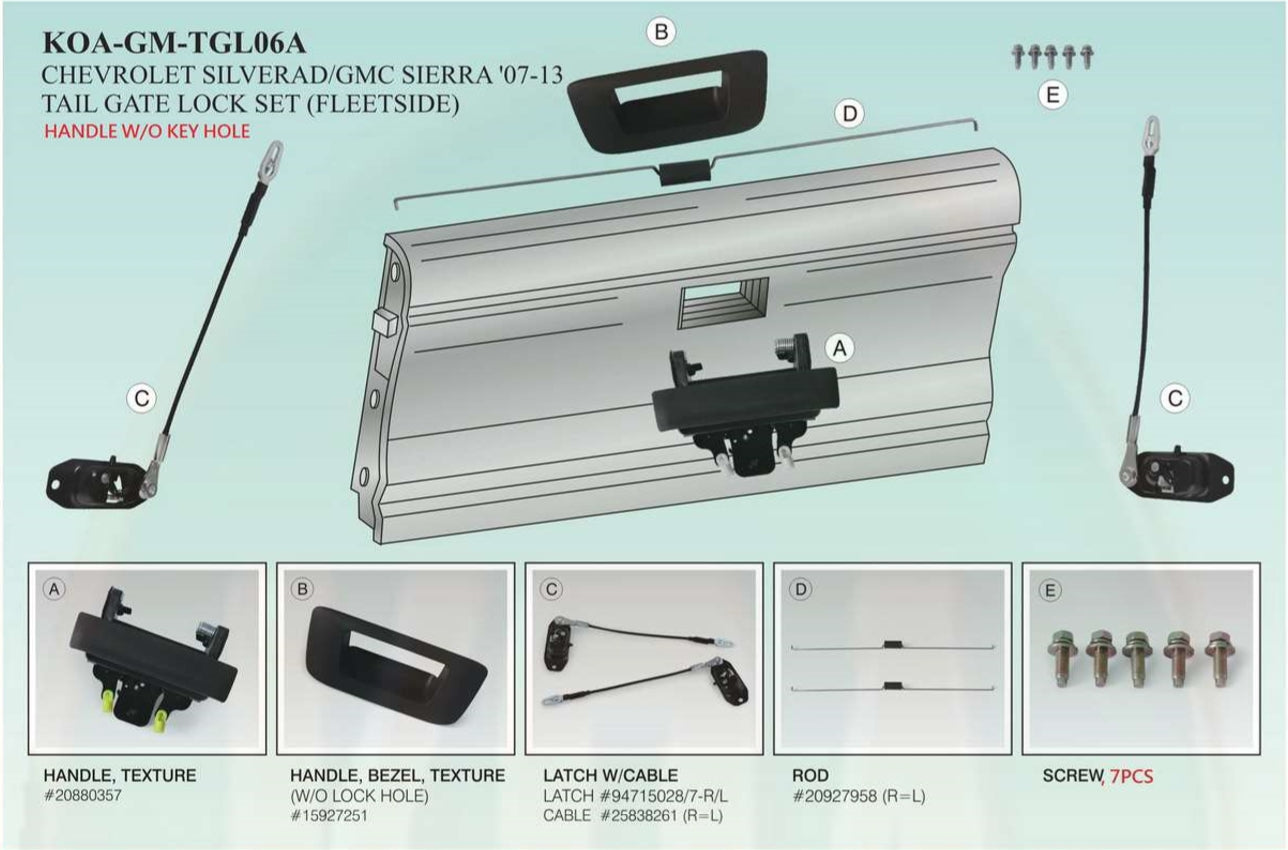 2007-2013 Silverado GMC Sierra FLEETSIDE BED - Complete Tailgate Repair Lock Set