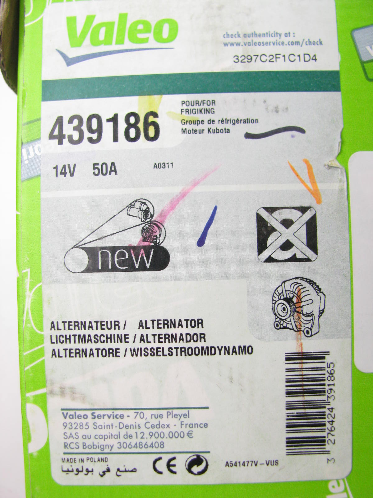 Valeo 439186 Remanufactured Alternator For Carrier Transcold 12V 50 Amp A13N237