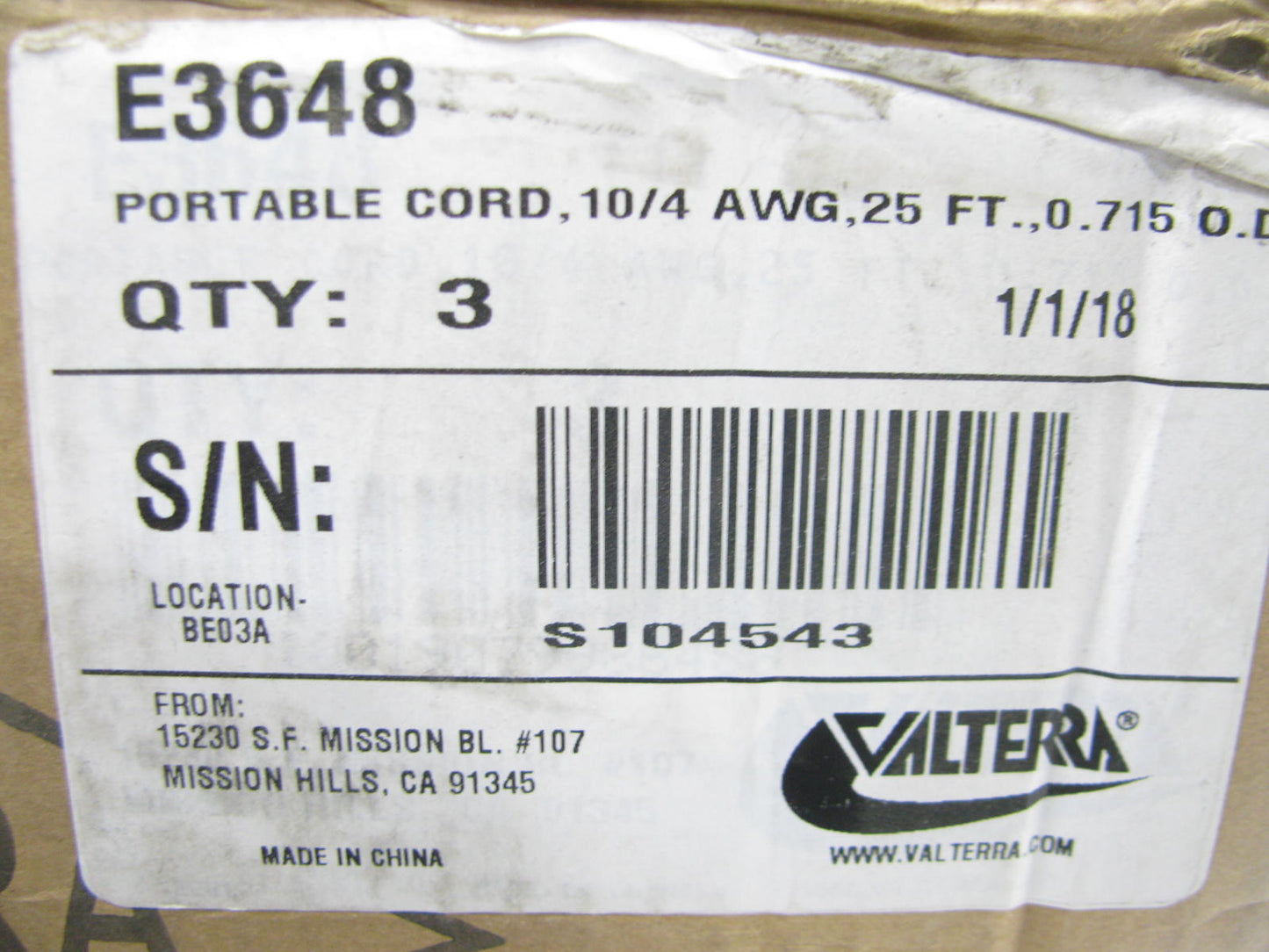 25 FEET- Valterra E3648 PORTABLE CABLE CORD, 10 AWG, 4 STRANDS, 600V Max