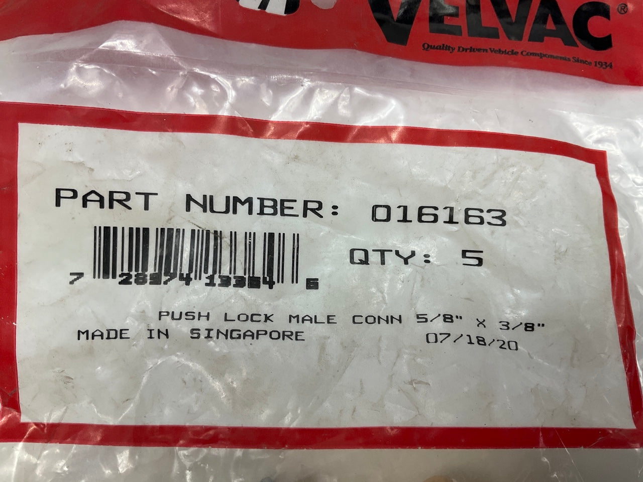 (10) Velvac 016163 Push-Lock Air Brake Fitting, Male, Brass, 5/8'' X 3/8''