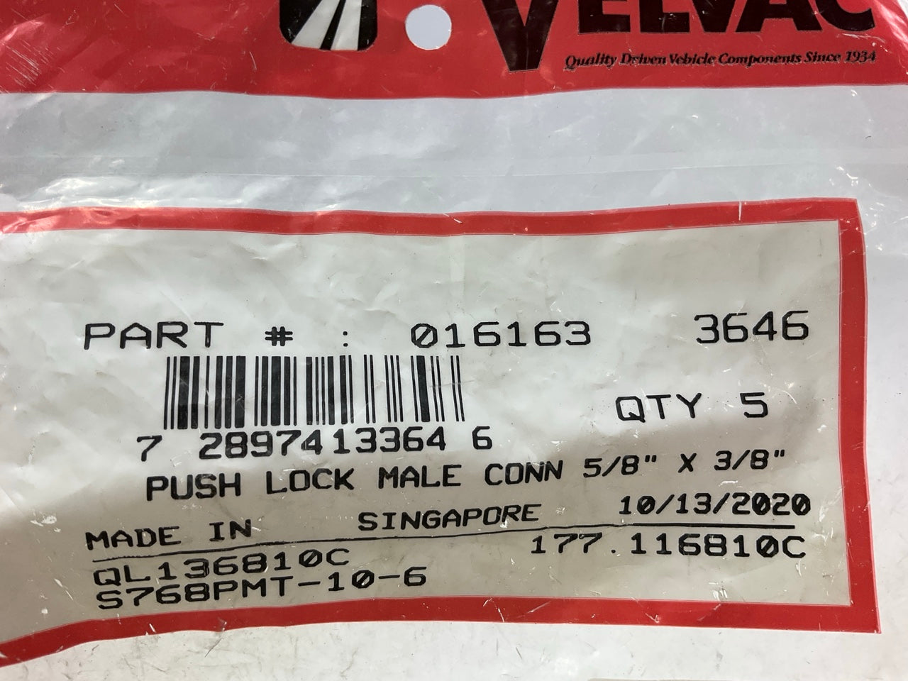 (5) Velvac 016163 - Push Lock Male Connector 5/8'' X 3/8'' Air Brake Fittings