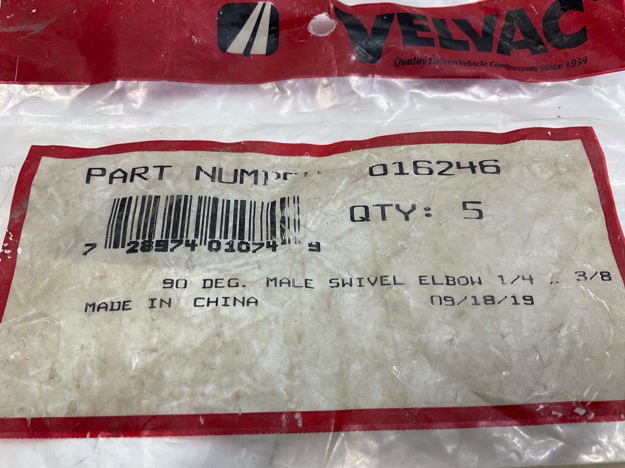 (5) Velvac 016246 Push-Lock Air Brake Fitting 90° Male Swivel Elbow, 1/4'' X 3/8''