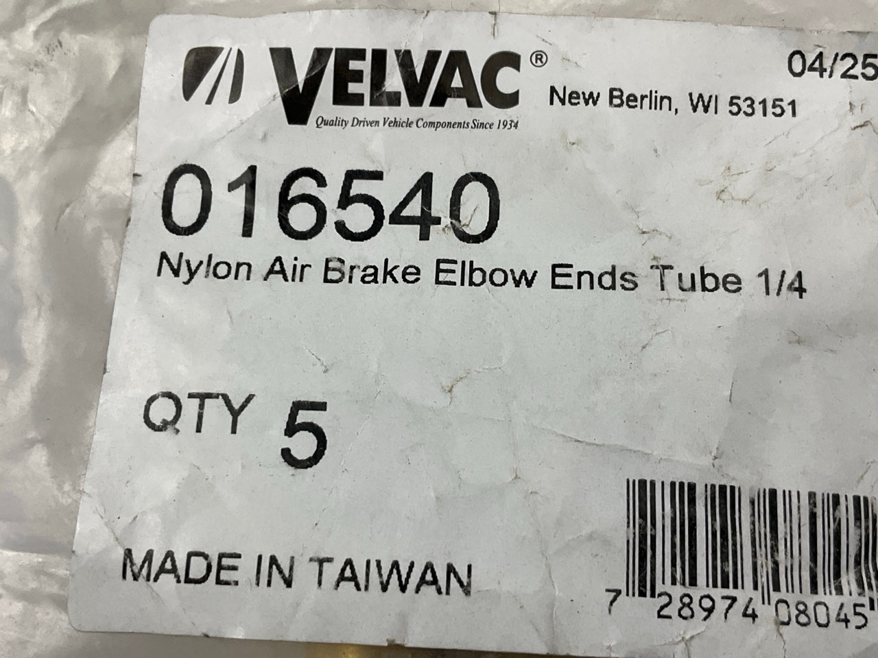 (5) Velvac 016540 - Nylon Air Brake 90 Degree Elbow Ends Tube 1/4'' Fittings