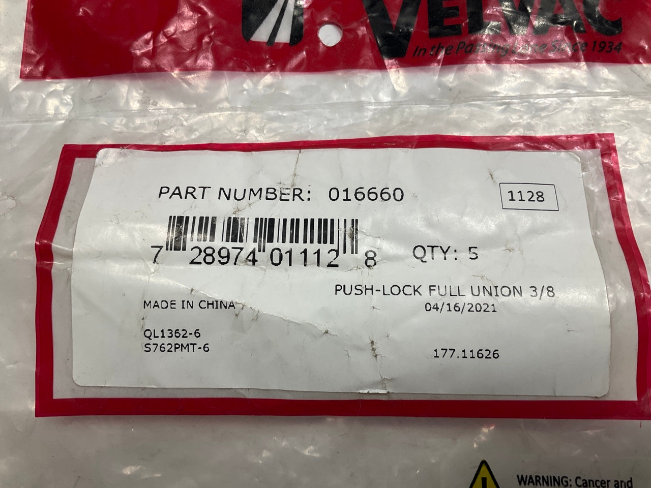 (10) Velvac 016660 Push-Lock Air Brake Fitting, Full Union, 3/8''