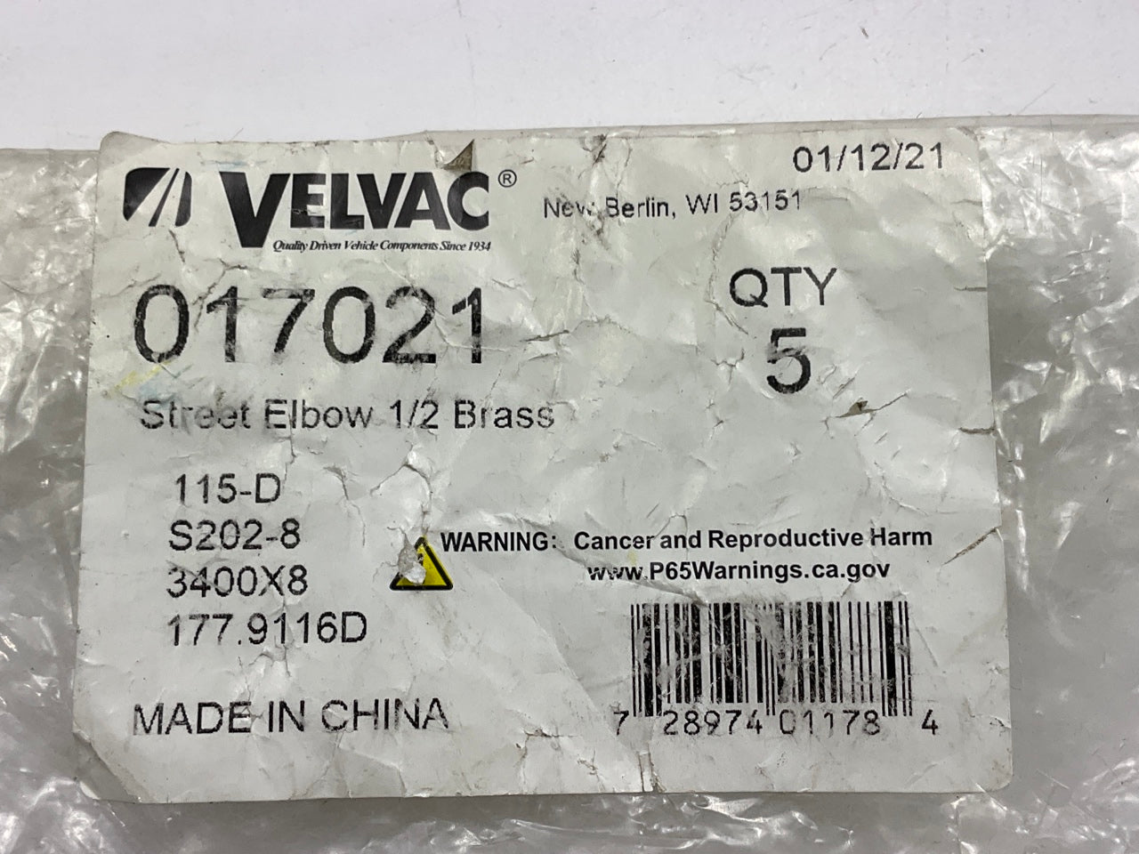 (5) Velvac 017021 Pipe Fitting, Street Elbow, Brass, 1/2''