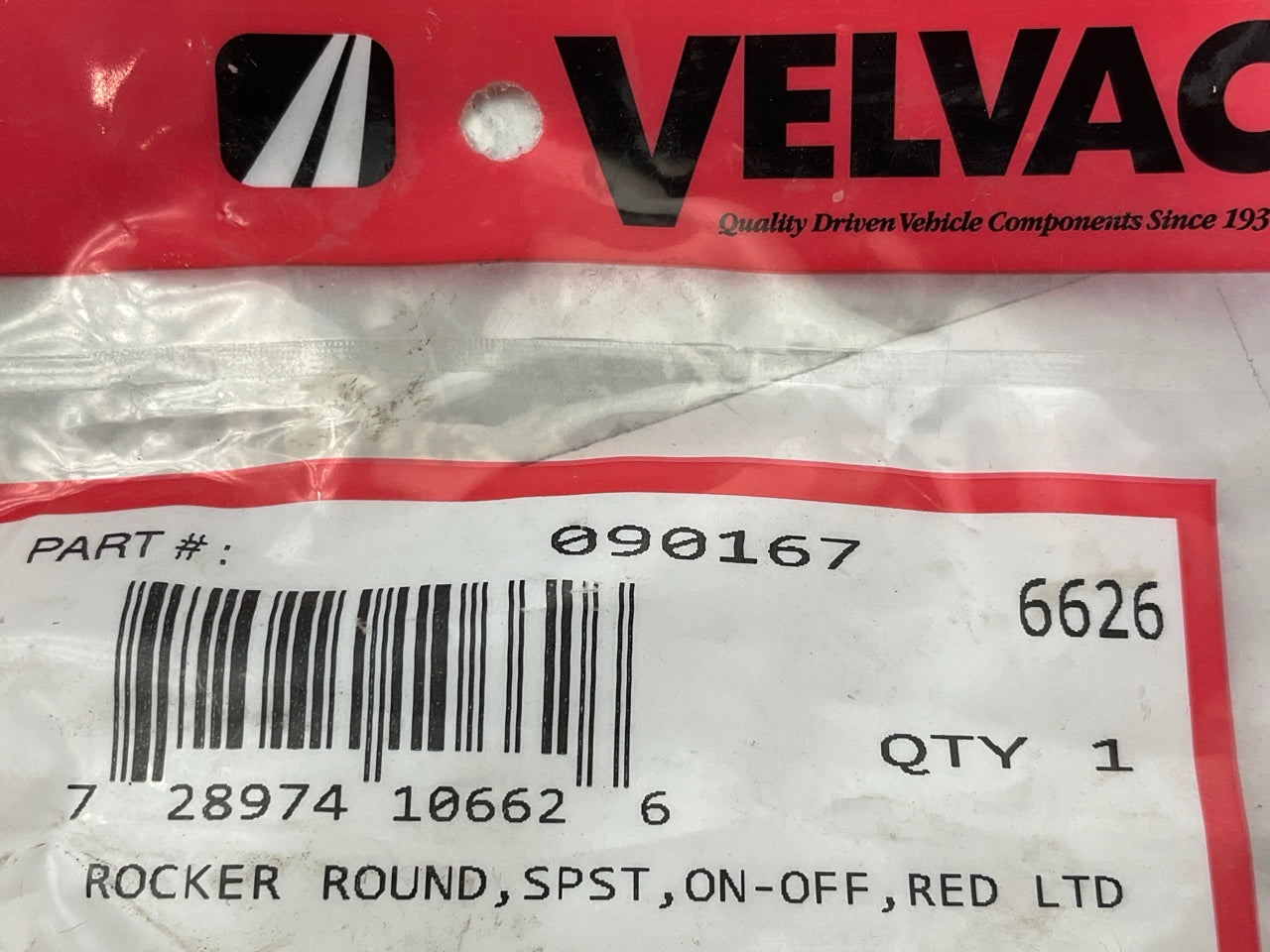 Velvac 090167 On/Off Round Rocker Switch, SPST Poles, (3) Terminals, Red Light