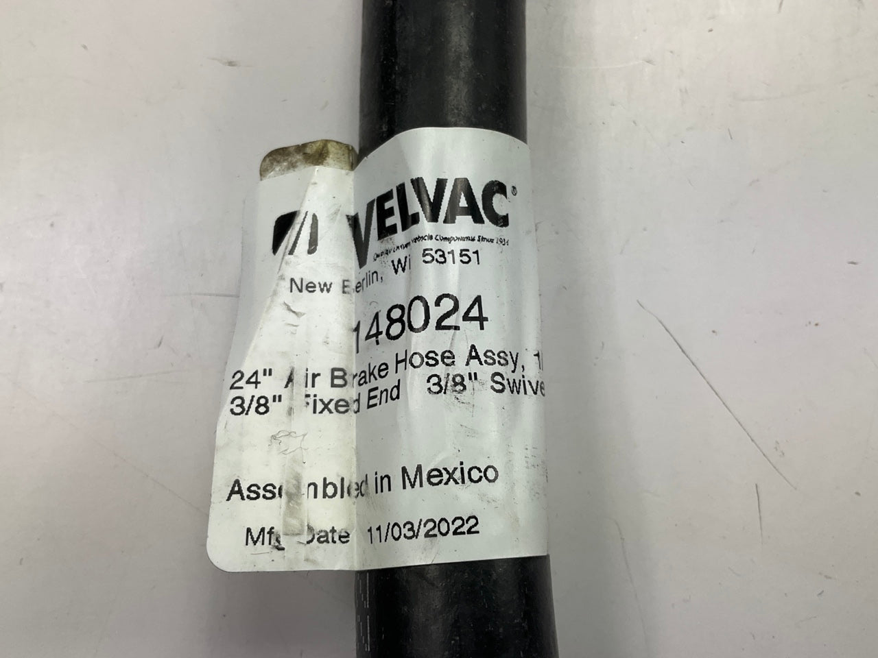 Velvac 148024 Air Brake Hose, 1/2'' X 3/8'' X 24'', One End Fixed, One End Swivel