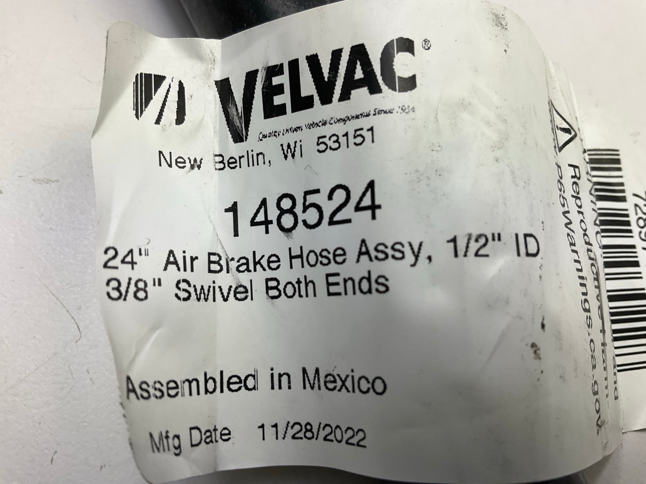 Velvac 148524 Air Brake Hose - 1/2'' X 3/8'' X 24'', Both Ends Swivel