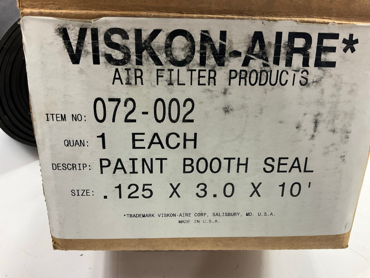 Viskon-Aire 072-002 Paint Booth Door Rubber Sweep Seal, 3'' Wide X 10' Long X 1/8
