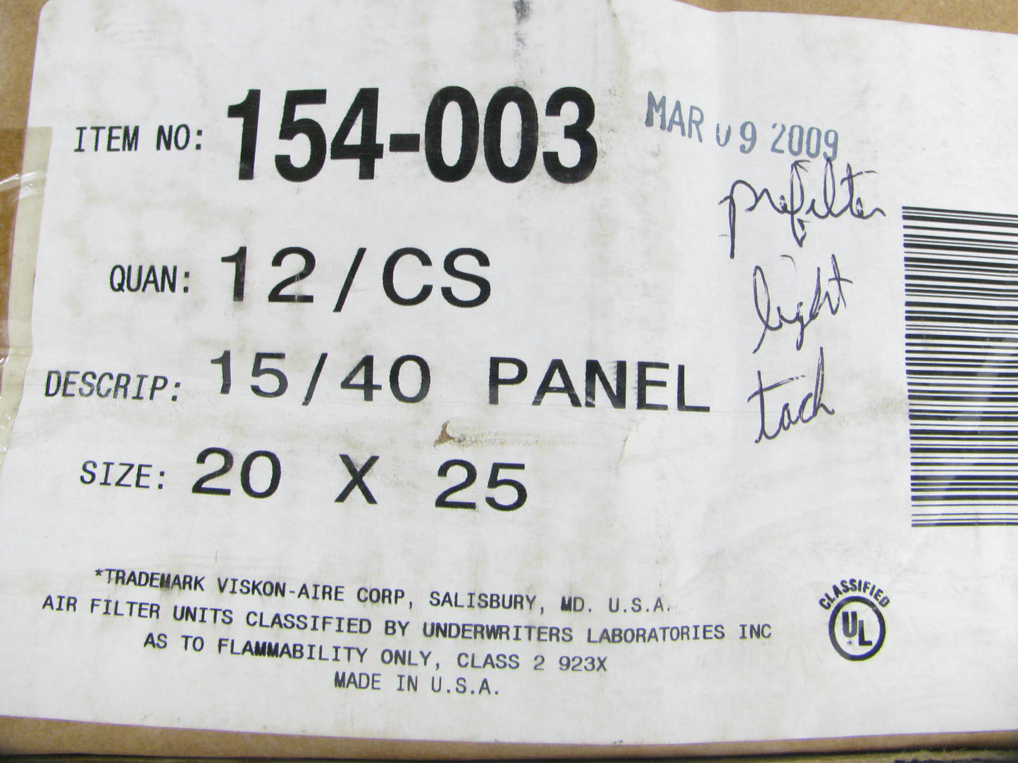 (x12) Viskon-Aire 154-003 Series 154 Panel Filters 3 Ply / With Tack Prefilter