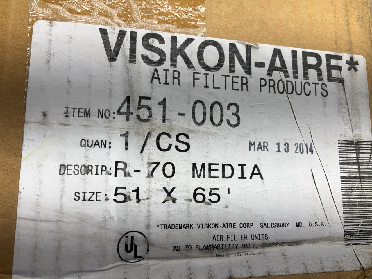 Viskon-aire 451-003 R-70 Dry Polyester Prefilter Roll, 1/2'' X 51'' X 65' Long