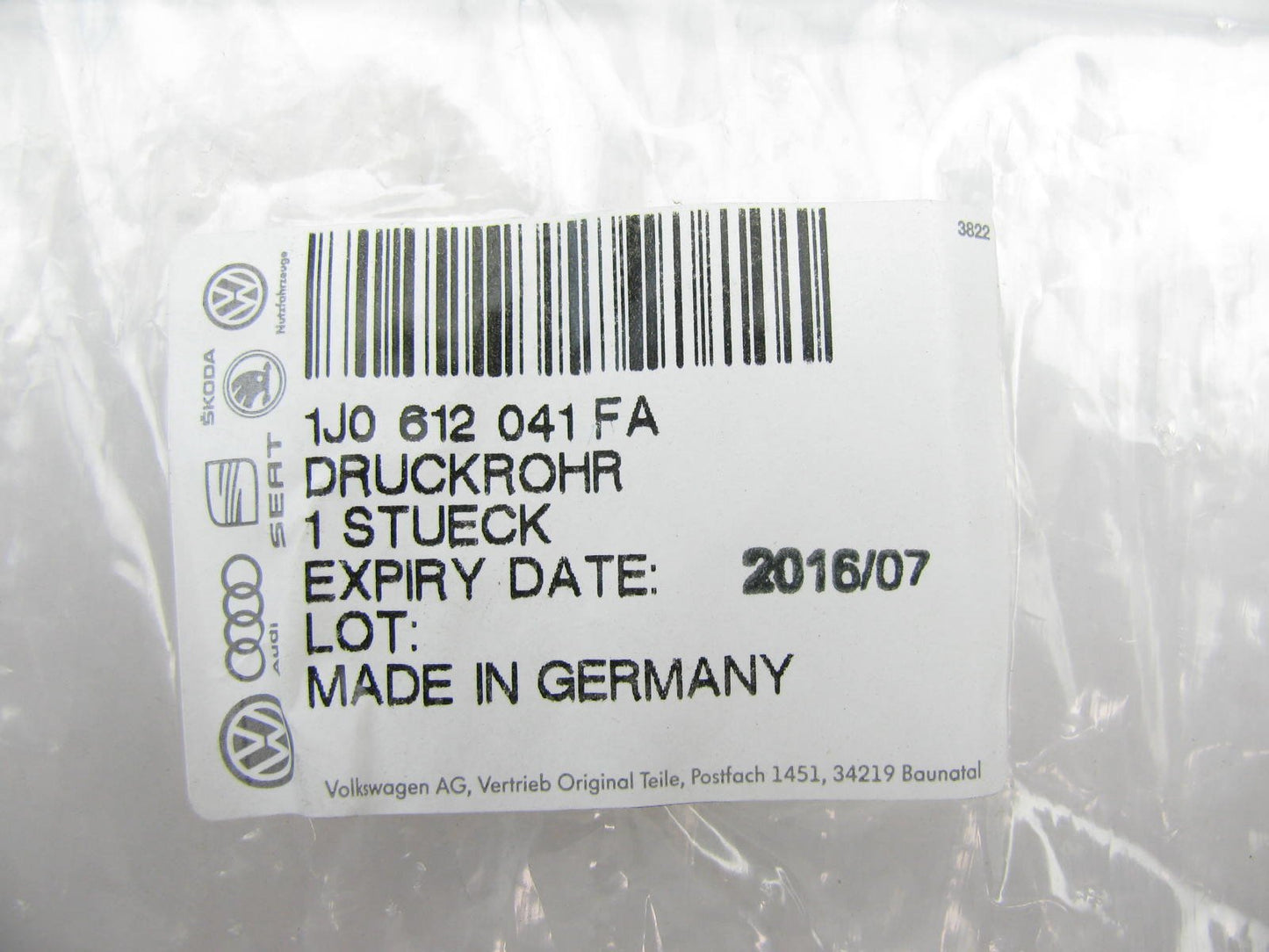 New Vacuum Pipe With Non Return Valve 99-01 Golf, 99-05 Jetta OEM VW 1J0612041FA