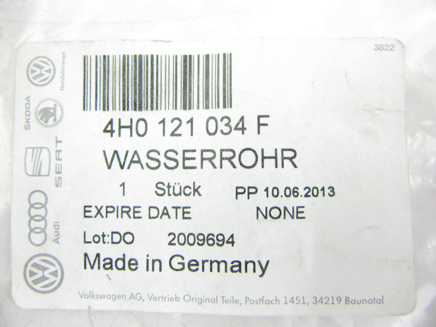 NEW - OEM VW Audi 4H0121034F Engine Coolant Pipe 2013-2014 A8 Quattro 3.0L-V6