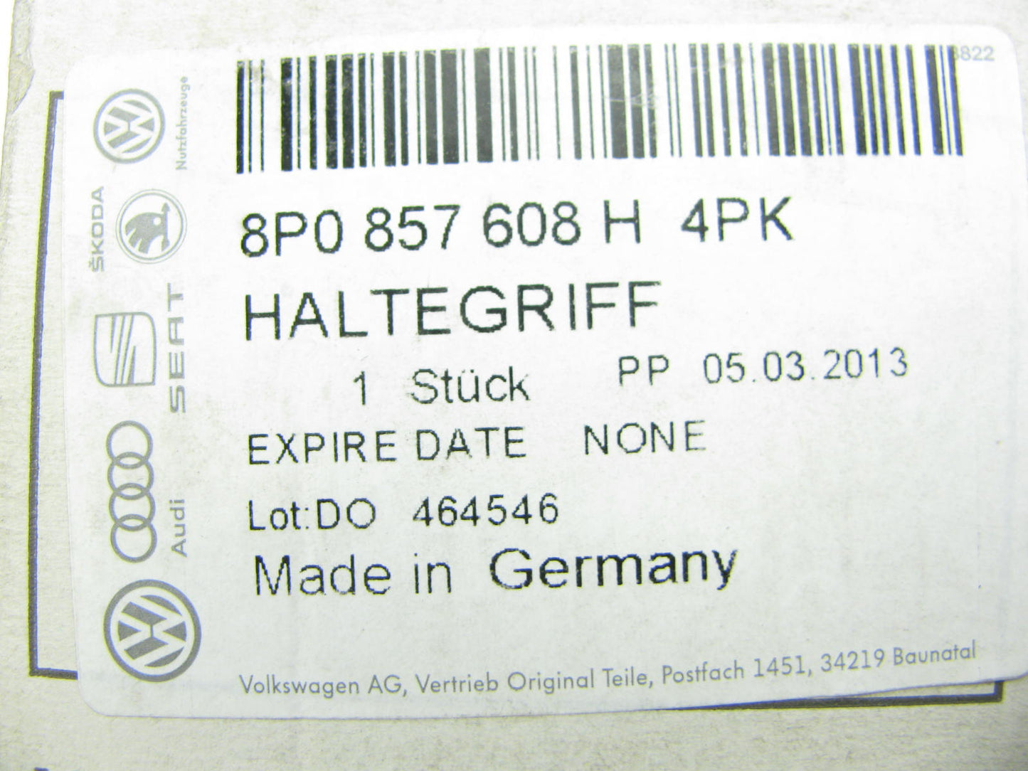 NEW - OEM VW Audi 8P0857608H4PK Right Interior Grab Handle Bar 2010-2015 Q7