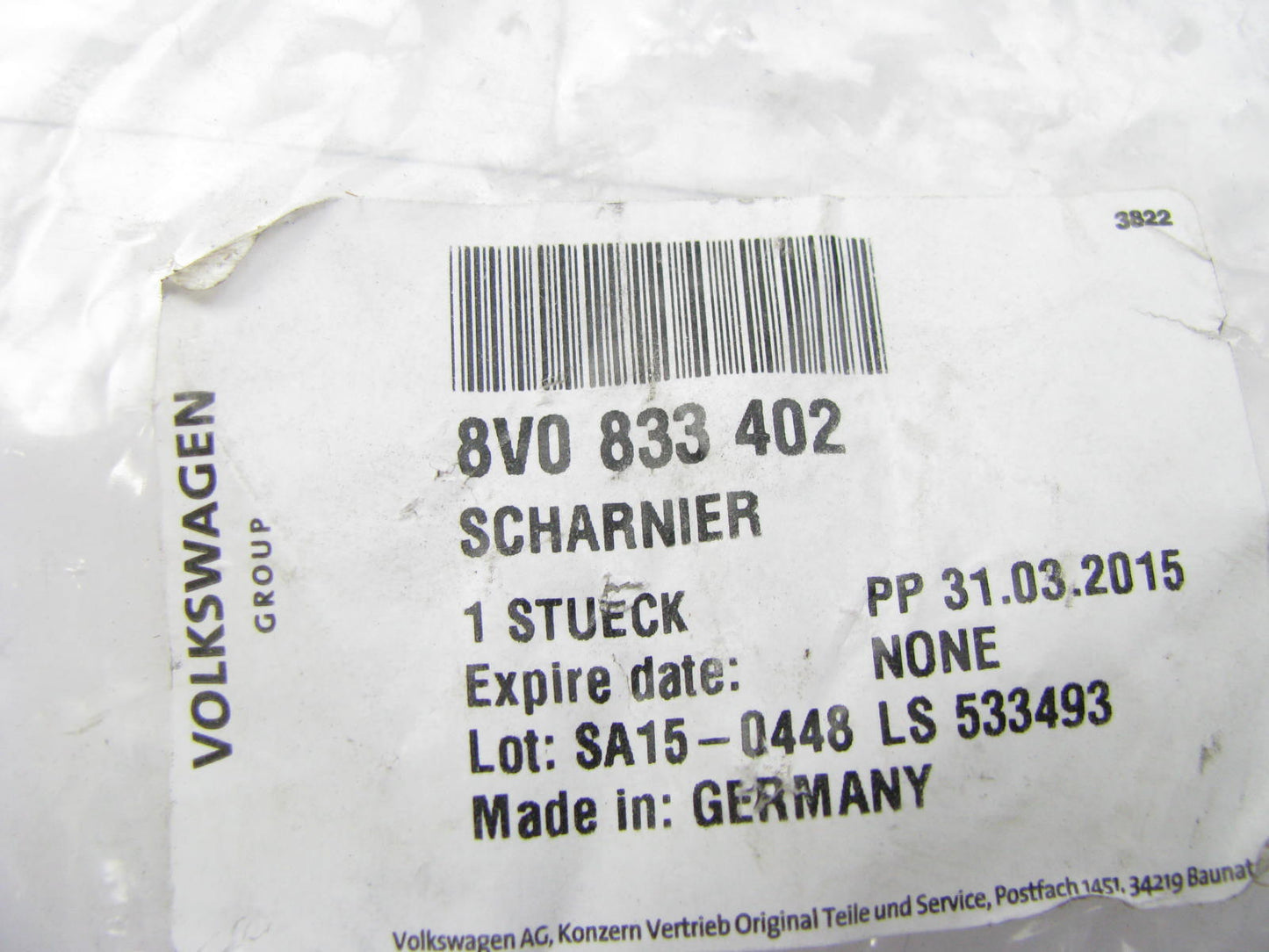 NEW GENUINE OEM Audi 8V0833402 Door Hinge Right Upper - 2015-2016 Audi A3/S3