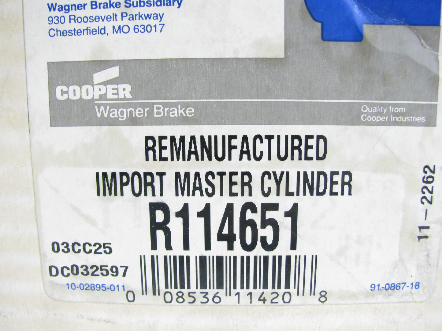 Reman. Wagner R114651 Brake Master Cylinder For 87-88 Nissan Van