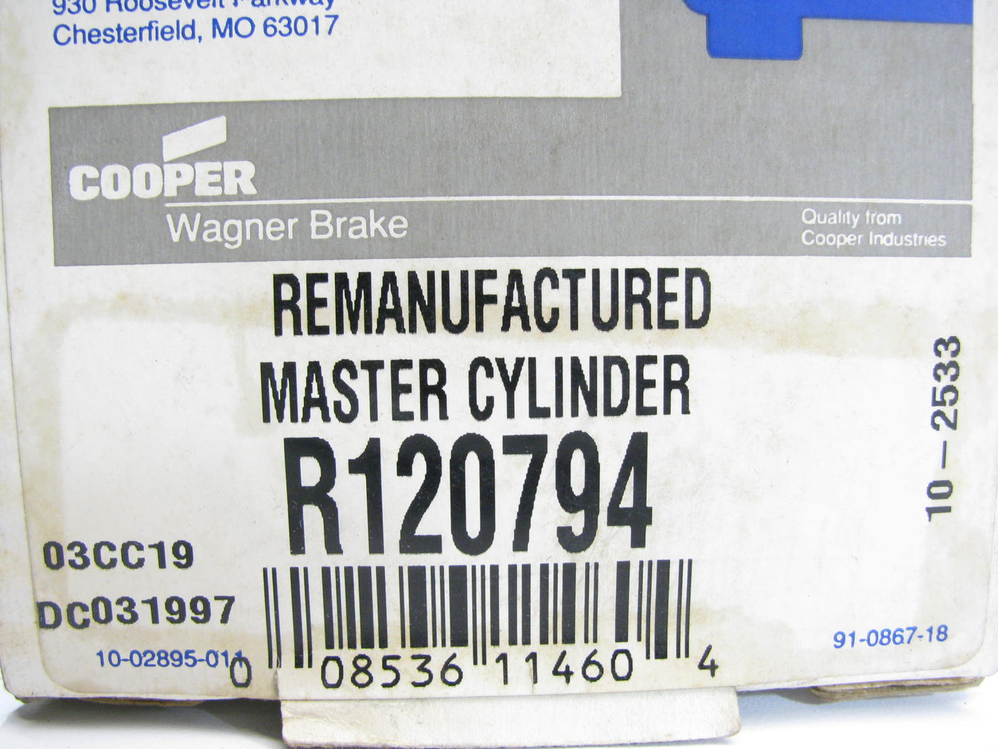Reman. Wagner R 120794 Brake Master Cylinder - W/o Reservoir - 4-Wheel ABS