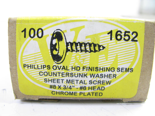 (100) WE 1652 #8 X 3/4'' PHILLIPS OVAL -AB METAL SCREWS-CHROME PLATED #6 Head