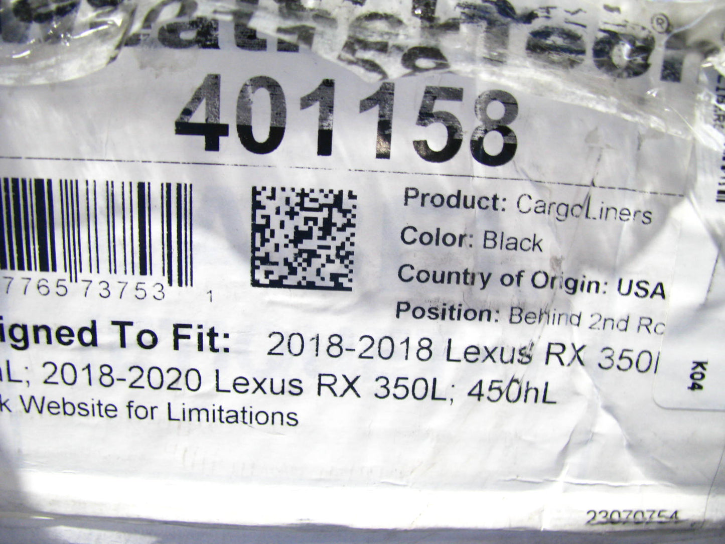 DIRECT FIT - 401158 Cargo Liner Rubber Mat For 2018-2022 Lexus RX350L, RX450hL