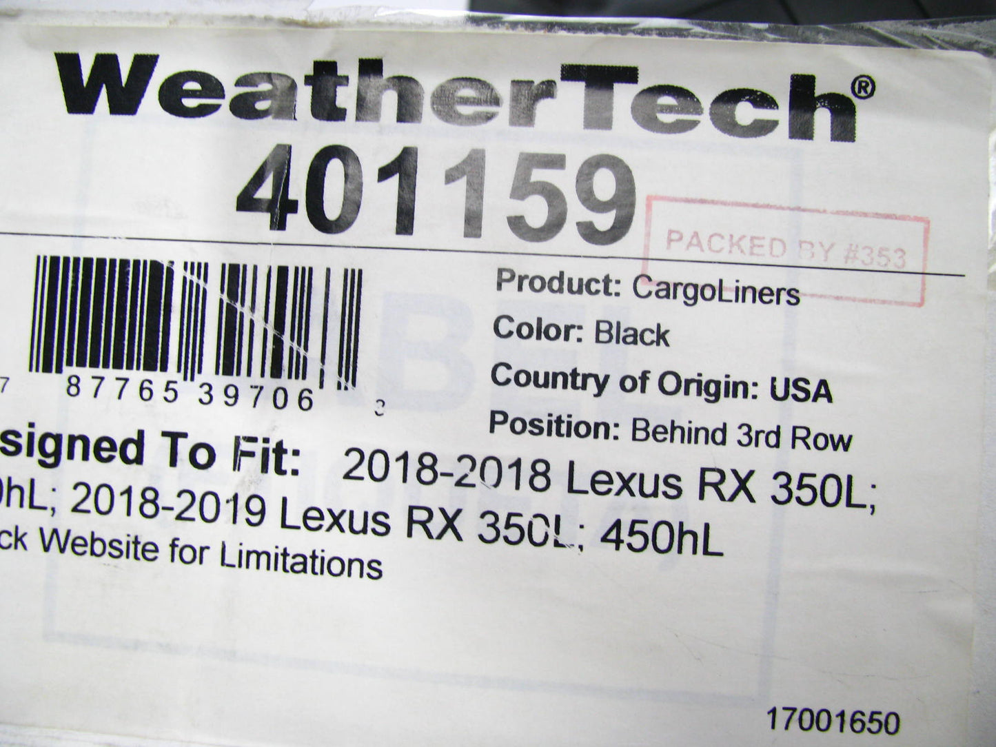 DIRECT FIT - 401159 Cargo Liner Mat Black For 18-22 Lexus RX350L, 19-21 RX450hl
