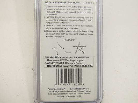 White Knight 113044 Open End Acorn Lug Nuts 1/2'' R.H - 3/4'' Hex Conical - 4/Pack
