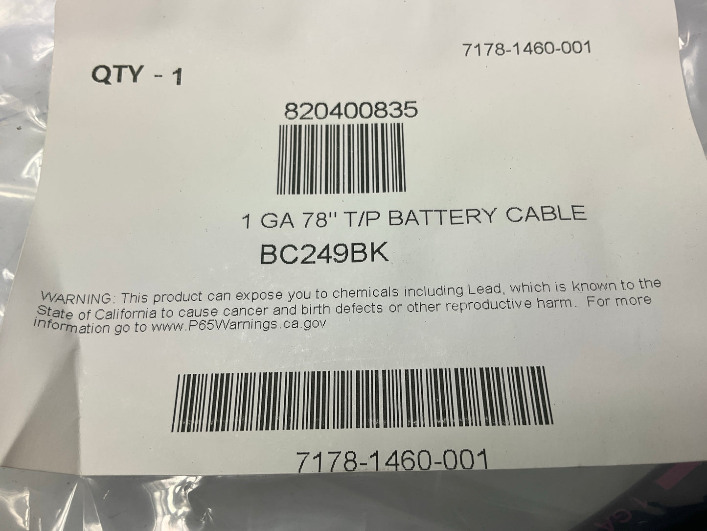 WVE BC249BK Black Top Post Battery Cable, 1 Gauge, 78'' Long